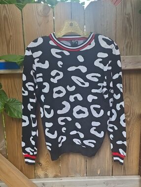 Black & White Leopard Print Crewneck Sweater with Red Trim